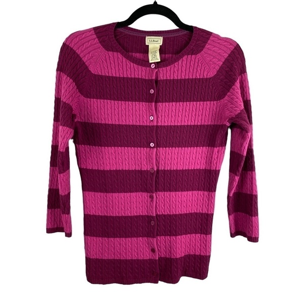 L.l. Bean Pink Striped Cotton Blend Cardigan Sweater Medium - Picture 1 of 9